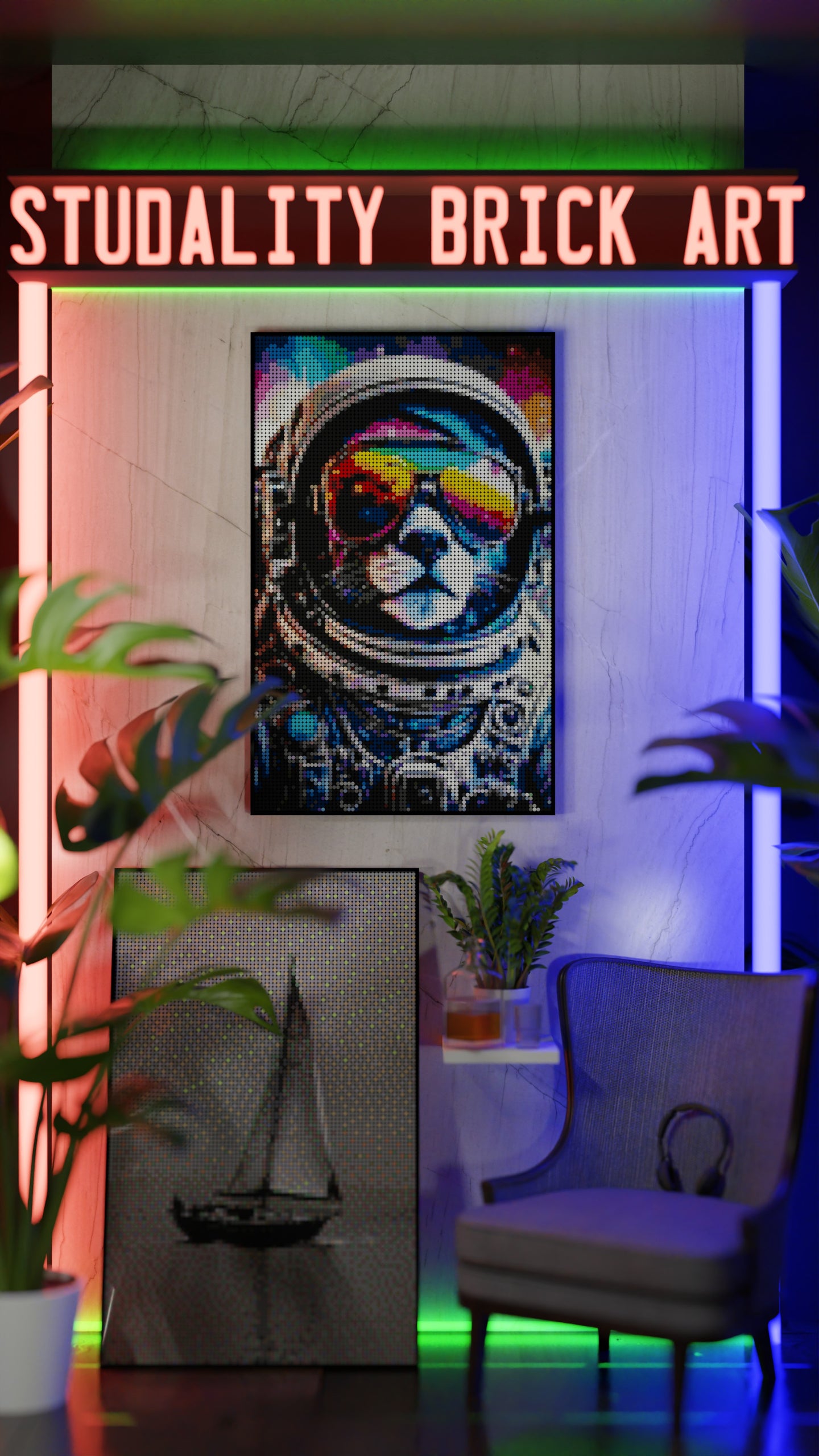 Purrsuit of Space LEGO® Style mosaic wall art made from colorful plastic bricks